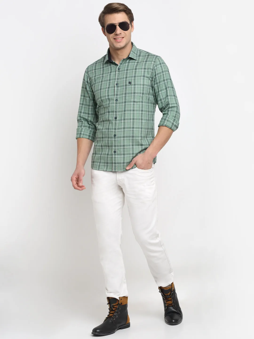 Cantabil Cotton Checkered Green Full Sleeve Casual Shirt for Men with Pocket