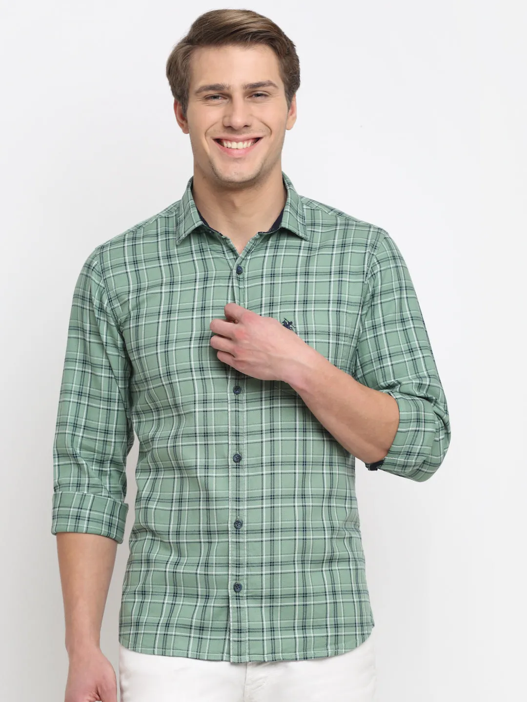 Cantabil Cotton Checkered Green Full Sleeve Casual Shirt for Men with Pocket