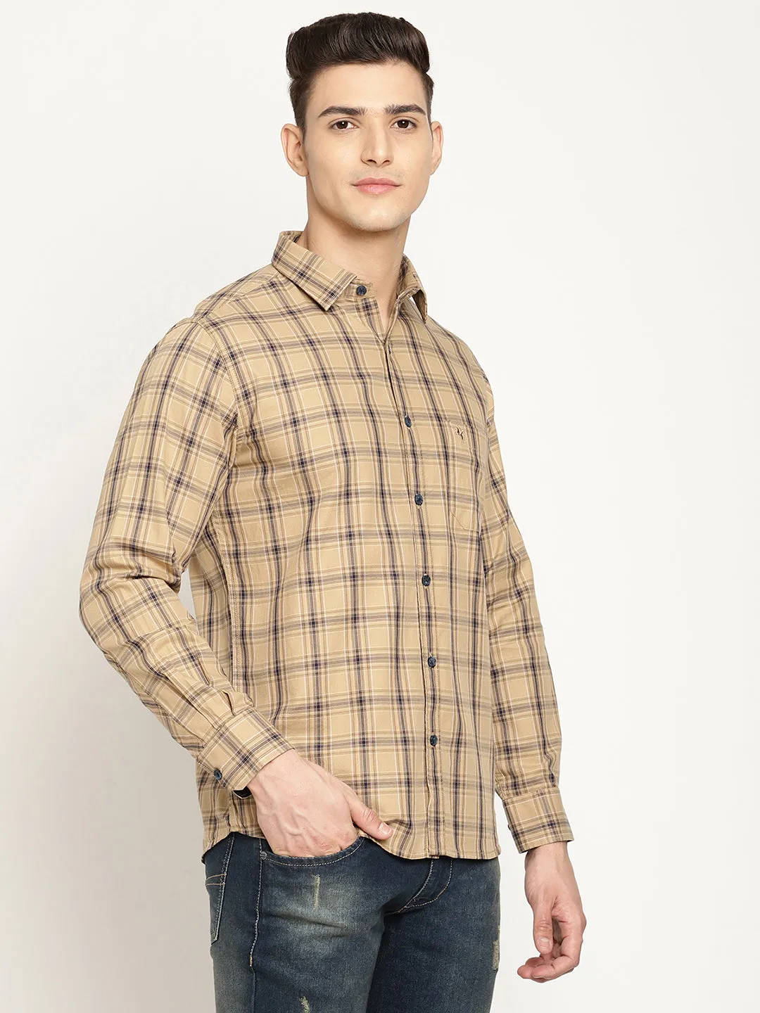 Cantabil Cotton Checkered Khaki Full Sleeve Casual Shirt for Men with Pocket