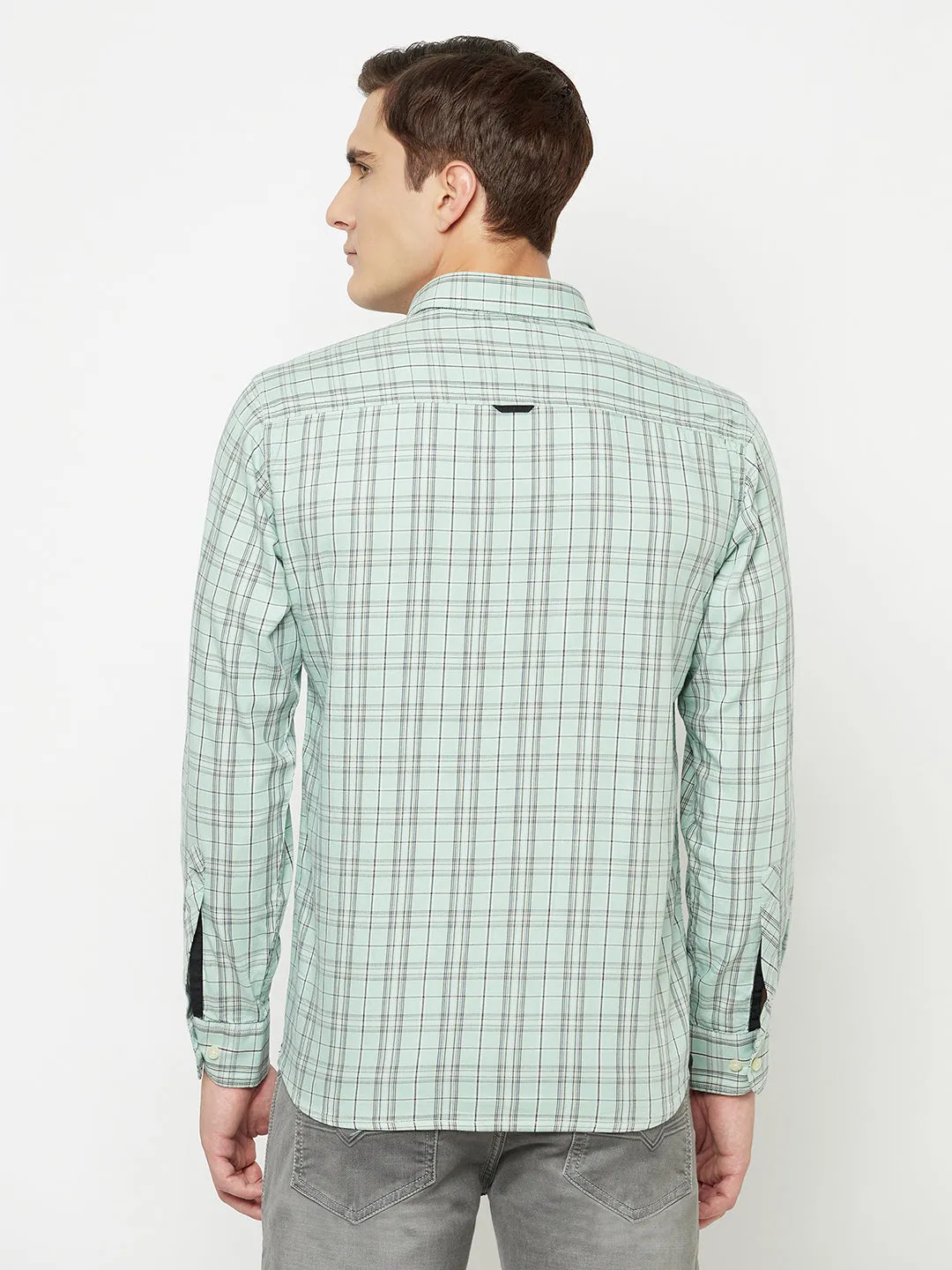 Cantabil Cotton Checkered Light Green Full Sleeve Casual Shirt for Men with Pocket