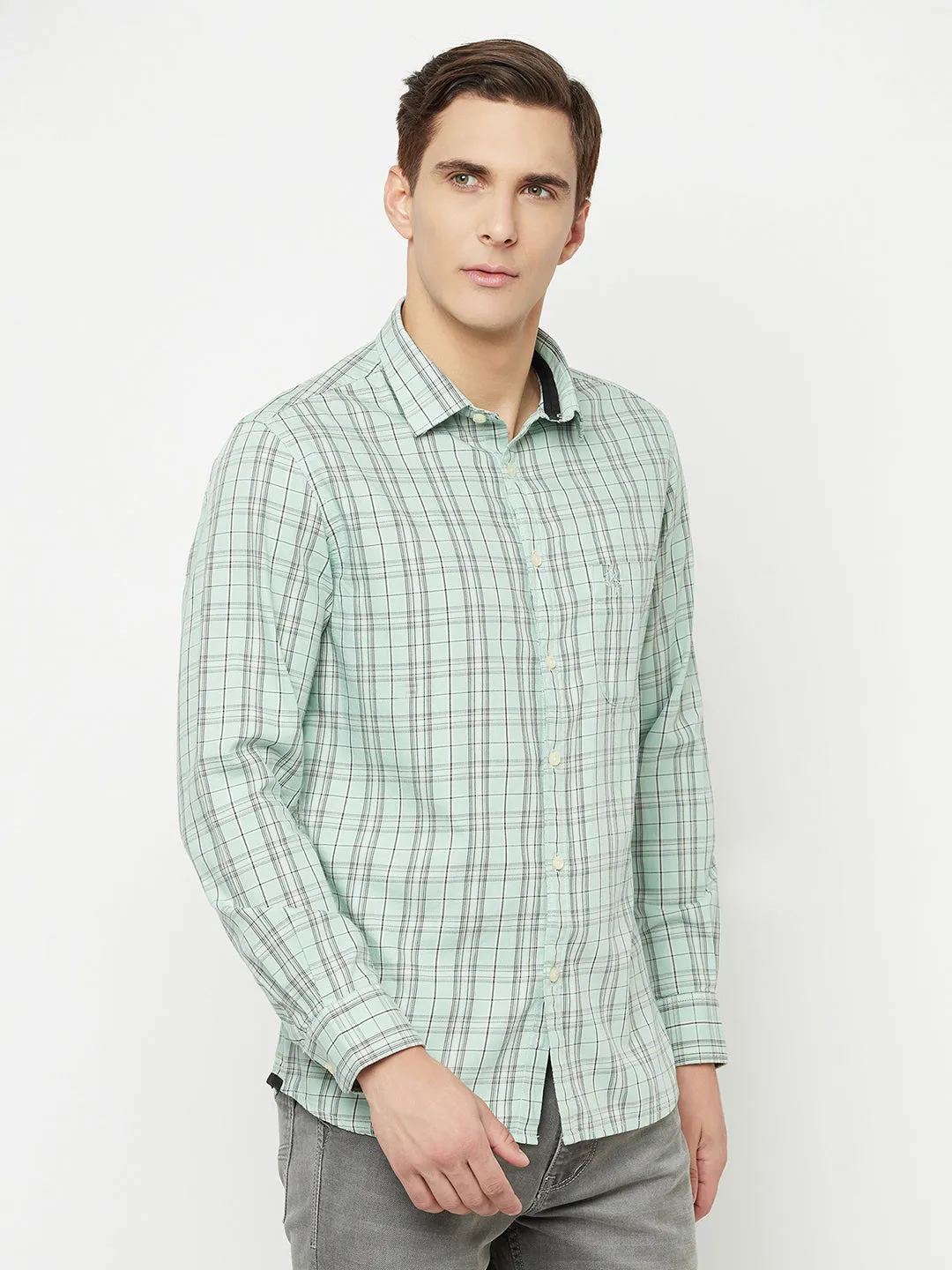 Cantabil Cotton Checkered Light Green Full Sleeve Casual Shirt for Men with Pocket