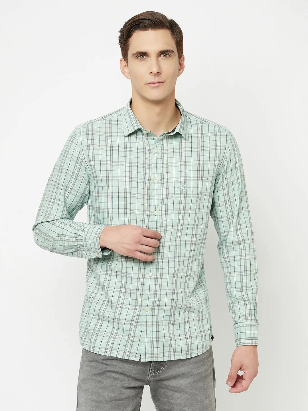 Cantabil Cotton Checkered Light Green Full Sleeve Casual Shirt for Men with Pocket