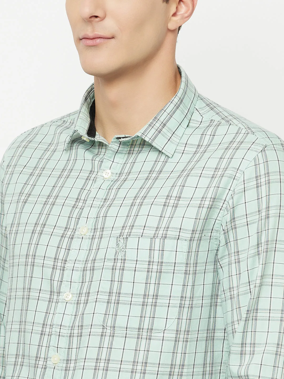 Cantabil Cotton Checkered Light Green Full Sleeve Casual Shirt for Men with Pocket