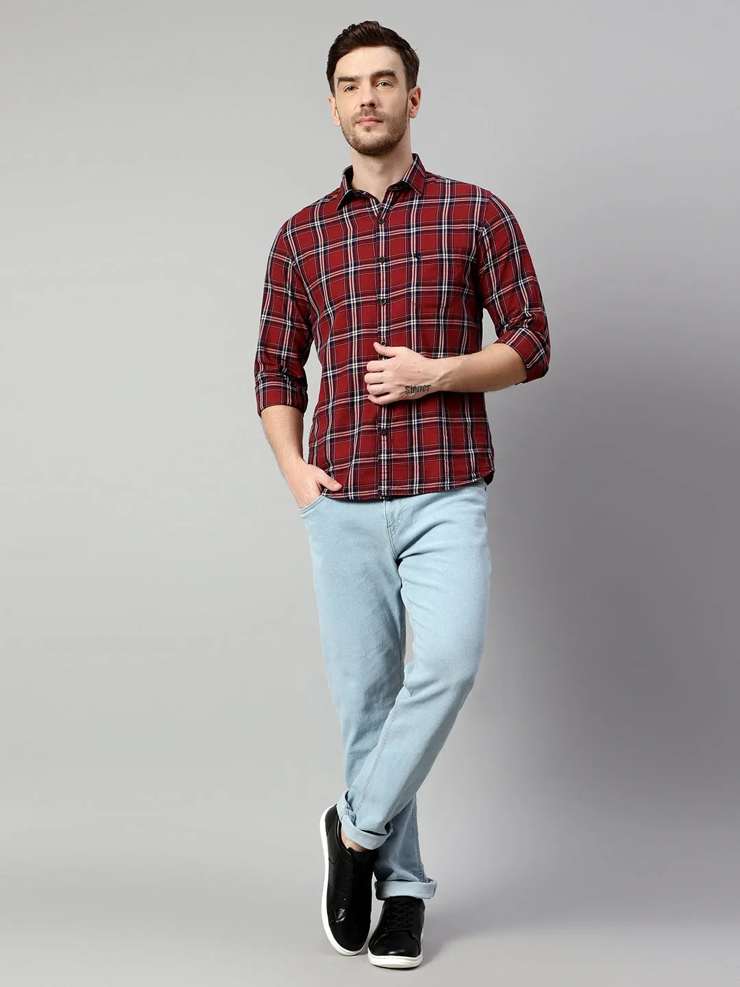 Cantabil Cotton Checkered Maroon Full Sleeve Casual Shirt for Men with Pocket