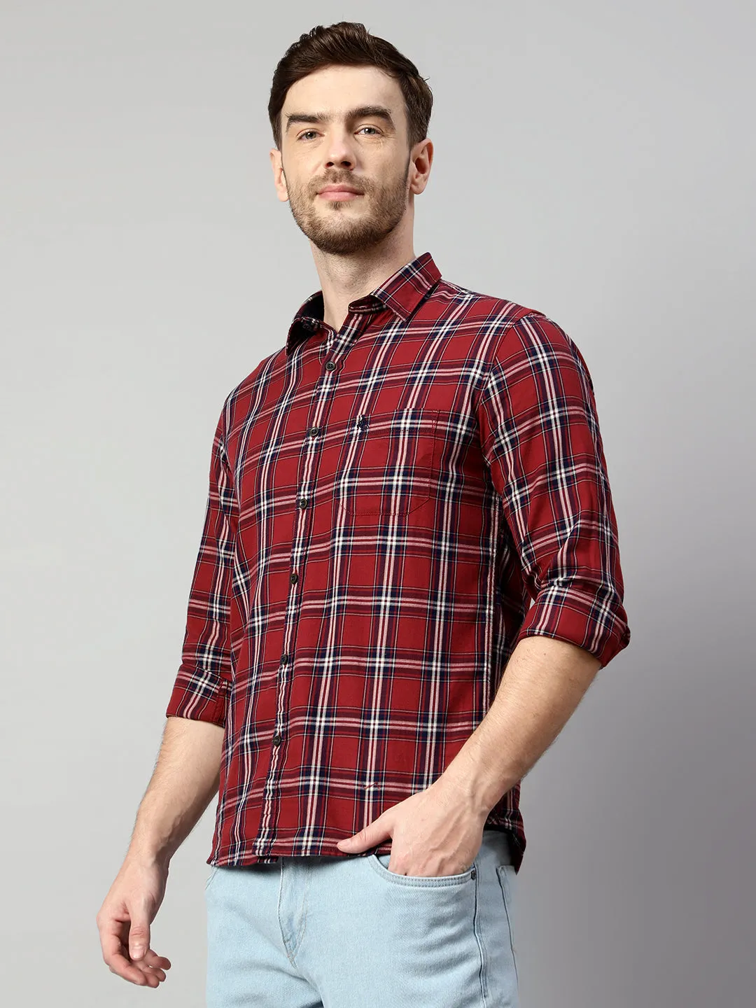 Cantabil Cotton Checkered Maroon Full Sleeve Casual Shirt for Men with Pocket