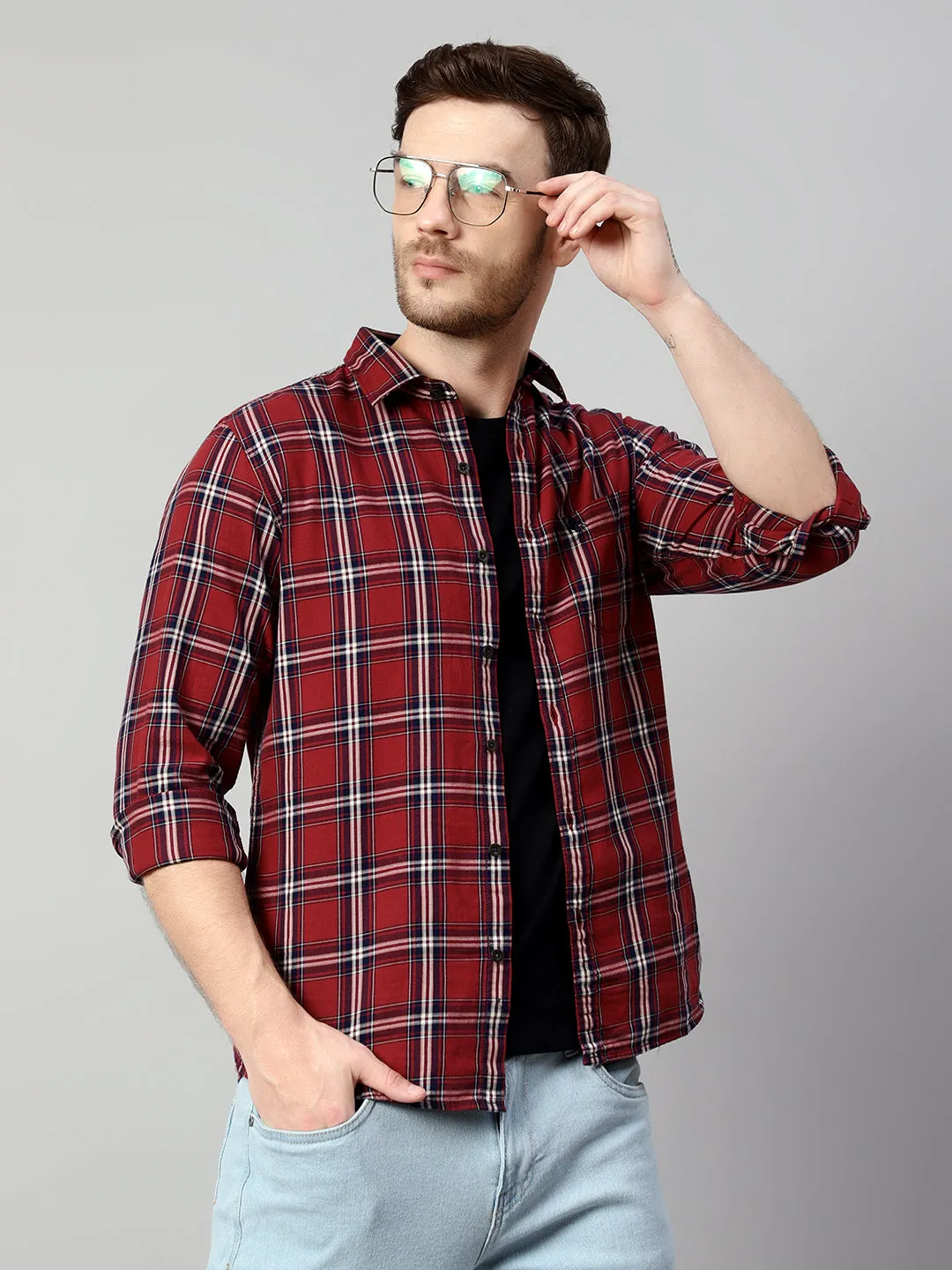 Cantabil Cotton Checkered Maroon Full Sleeve Casual Shirt for Men with Pocket