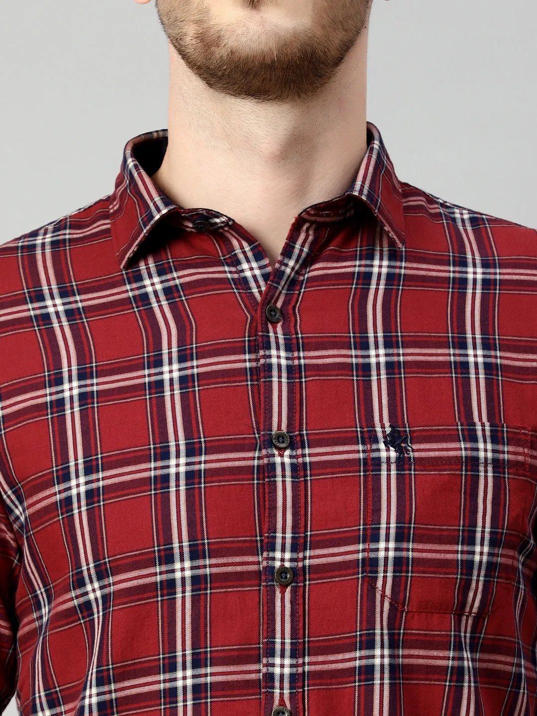 Cantabil Cotton Checkered Maroon Full Sleeve Casual Shirt for Men with Pocket