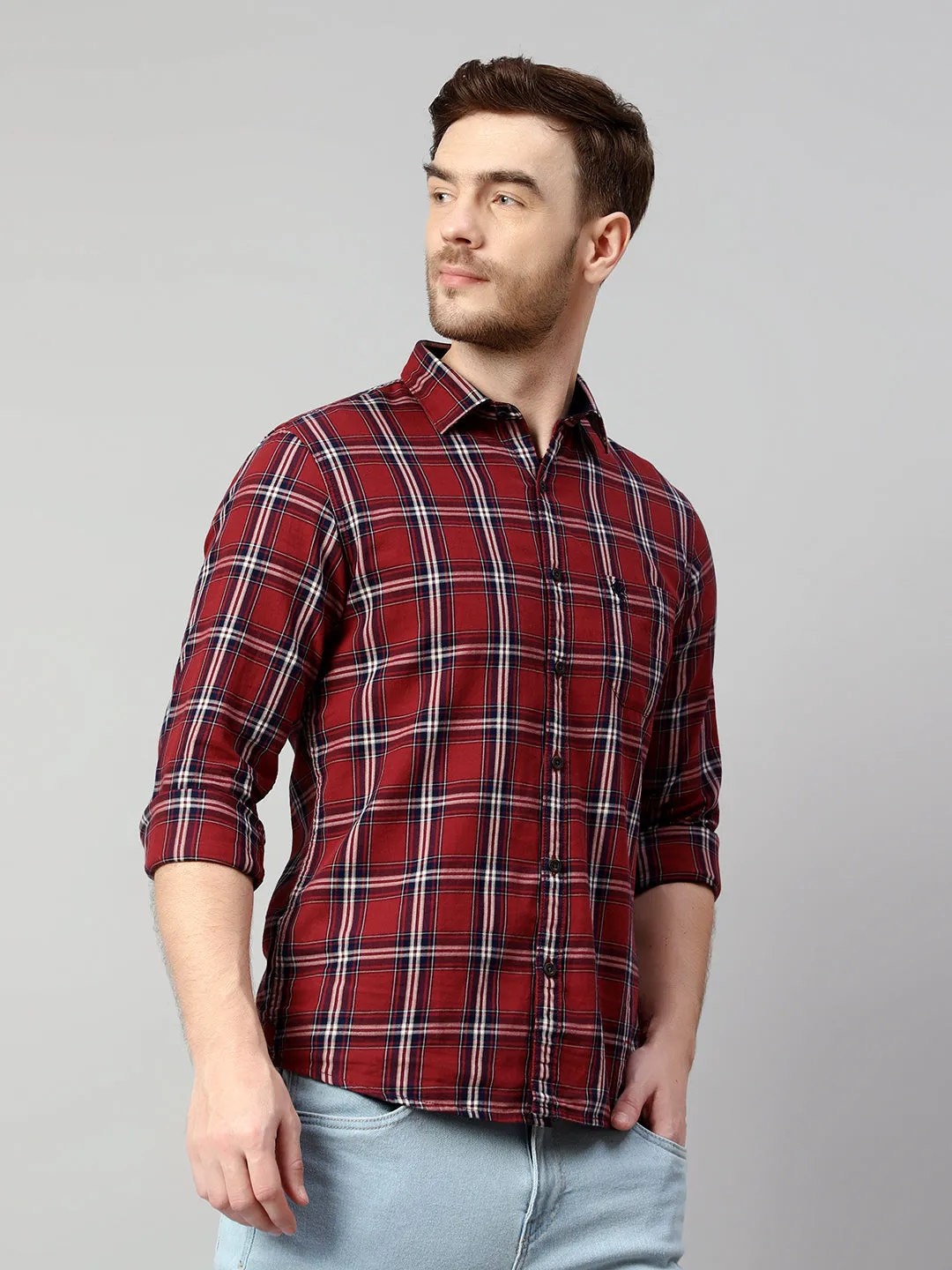 Cantabil Cotton Checkered Maroon Full Sleeve Casual Shirt for Men with Pocket