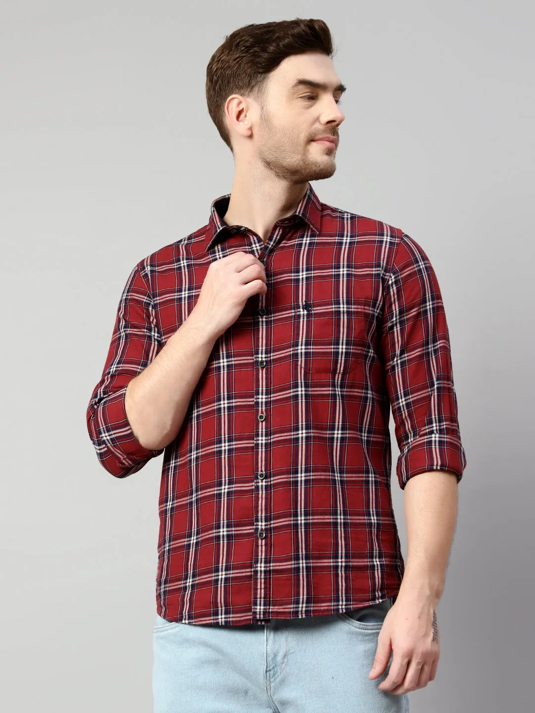 Cantabil Cotton Checkered Maroon Full Sleeve Casual Shirt for Men with Pocket