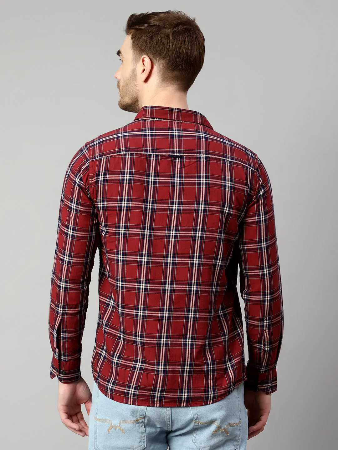 Cantabil Cotton Checkered Maroon Full Sleeve Casual Shirt for Men with Pocket