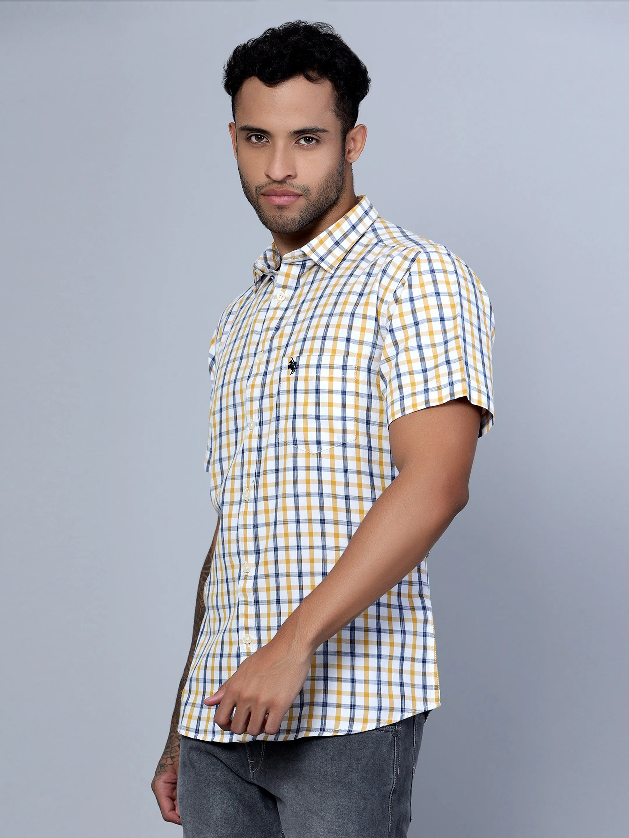 Cantabil Cotton Checkered Mustard Half Sleeve Casual Shirt for Men with Pocket