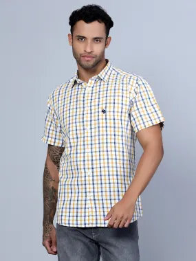 Cantabil Cotton Checkered Mustard Half Sleeve Casual Shirt for Men with Pocket