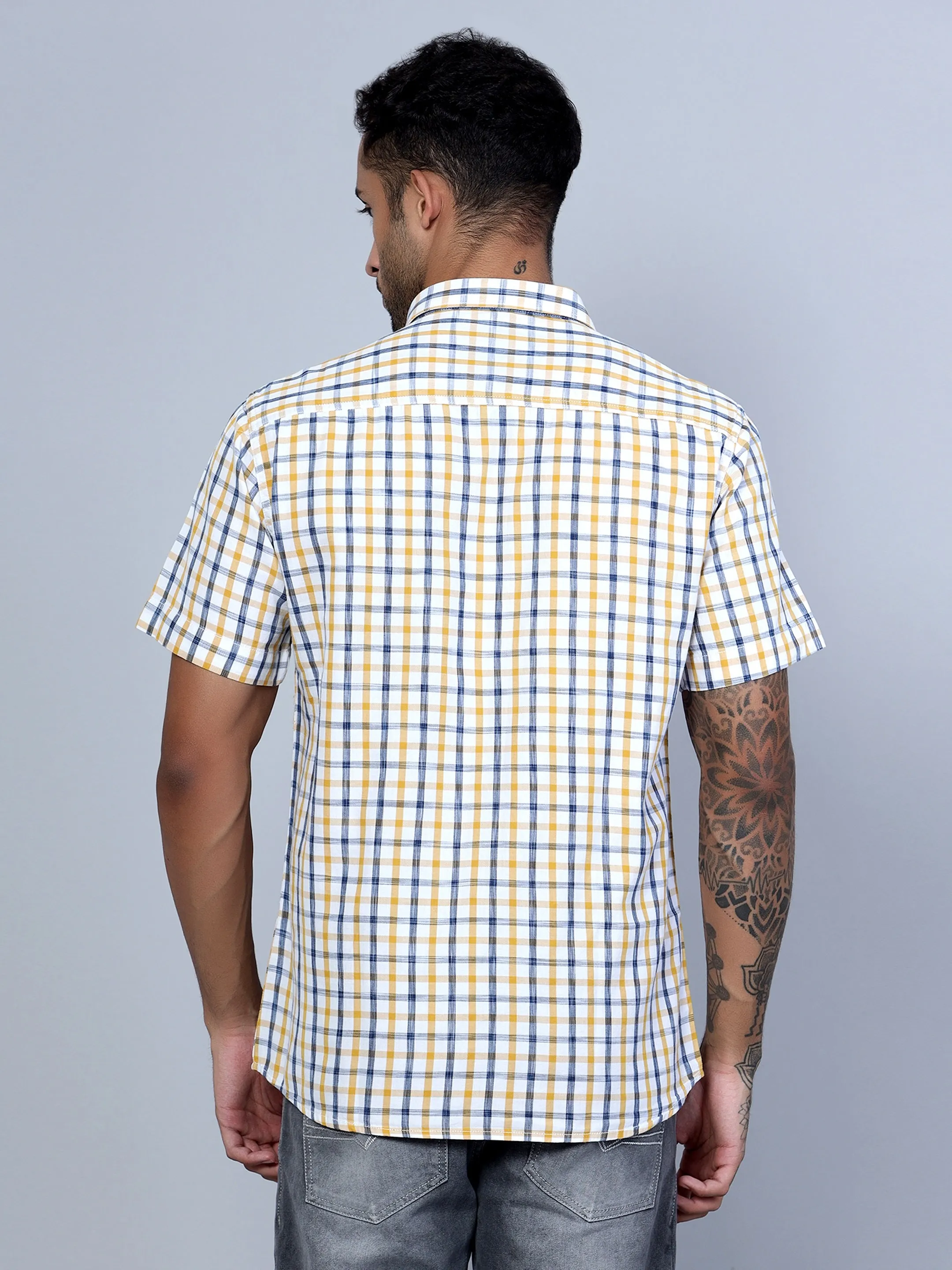 Cantabil Cotton Checkered Mustard Half Sleeve Casual Shirt for Men with Pocket