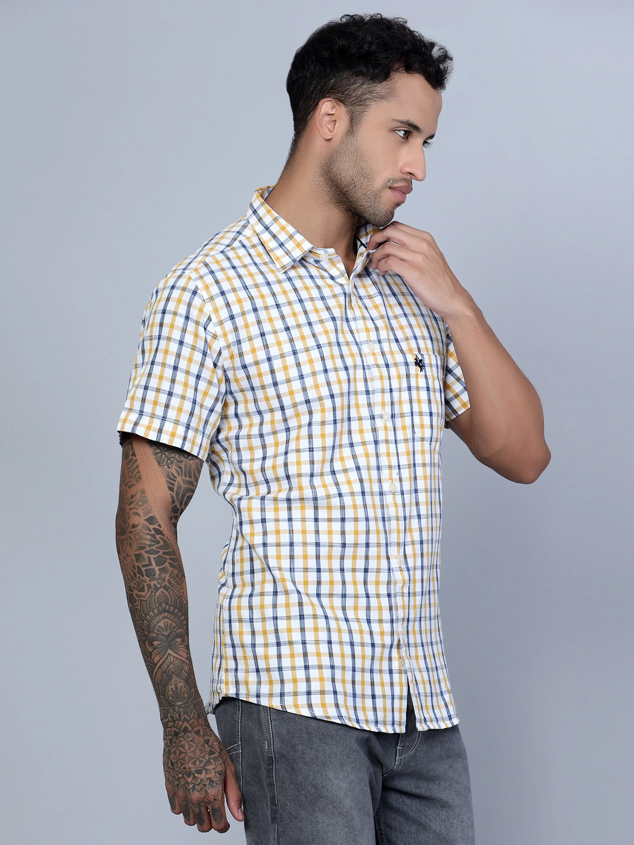 Cantabil Cotton Checkered Mustard Half Sleeve Casual Shirt for Men with Pocket