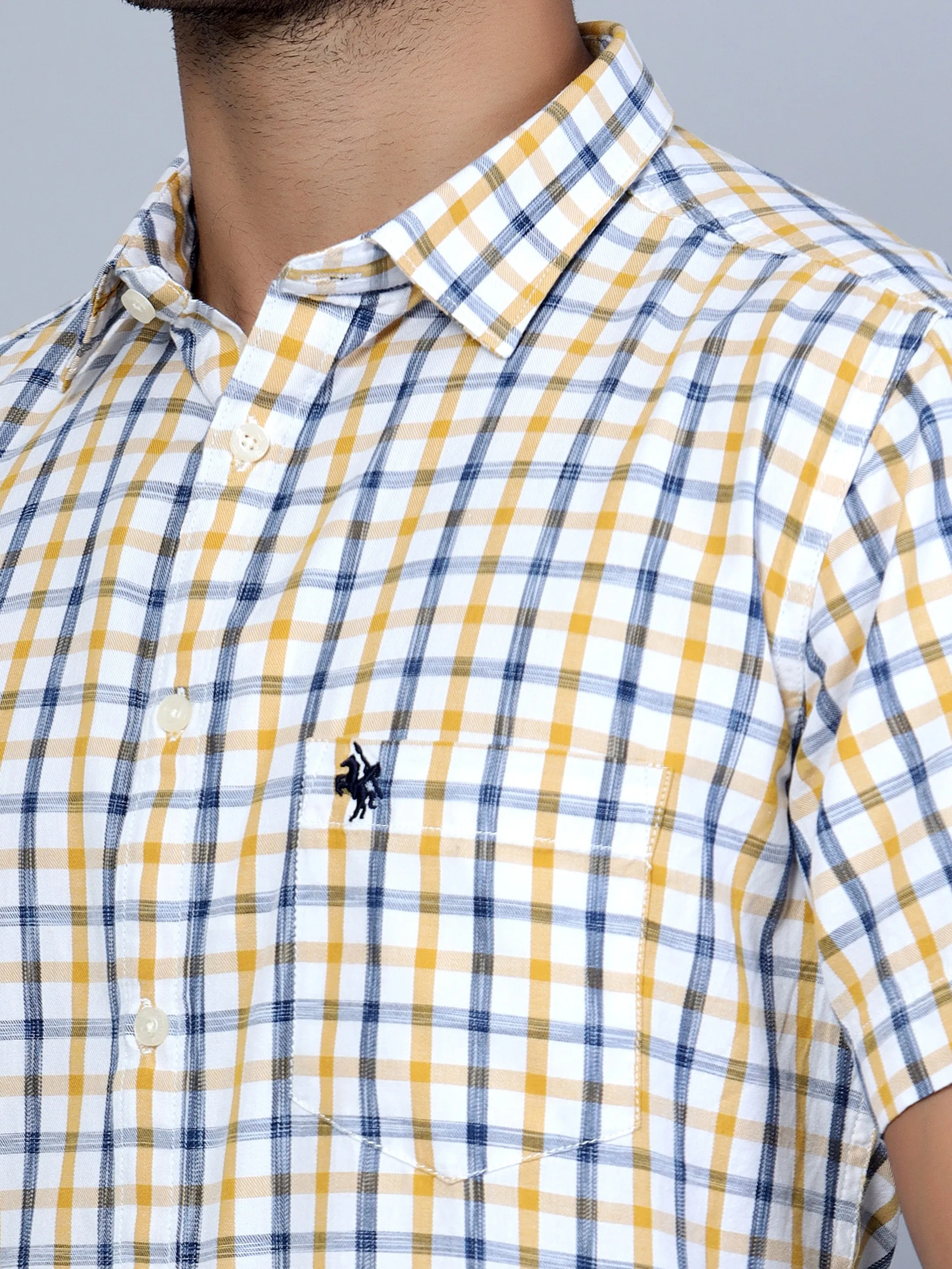 Cantabil Cotton Checkered Mustard Half Sleeve Casual Shirt for Men with Pocket