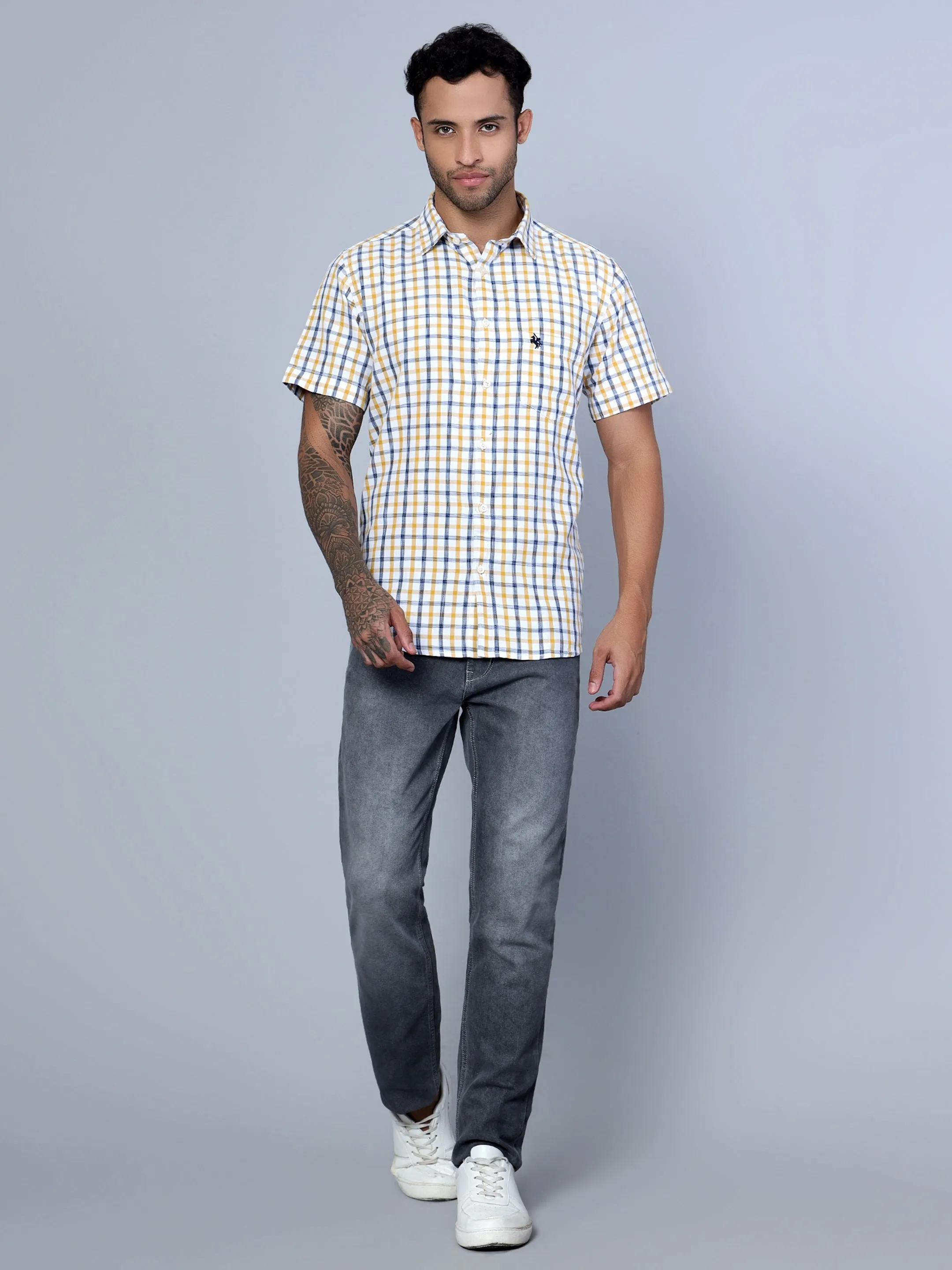 Cantabil Cotton Checkered Mustard Half Sleeve Casual Shirt for Men with Pocket