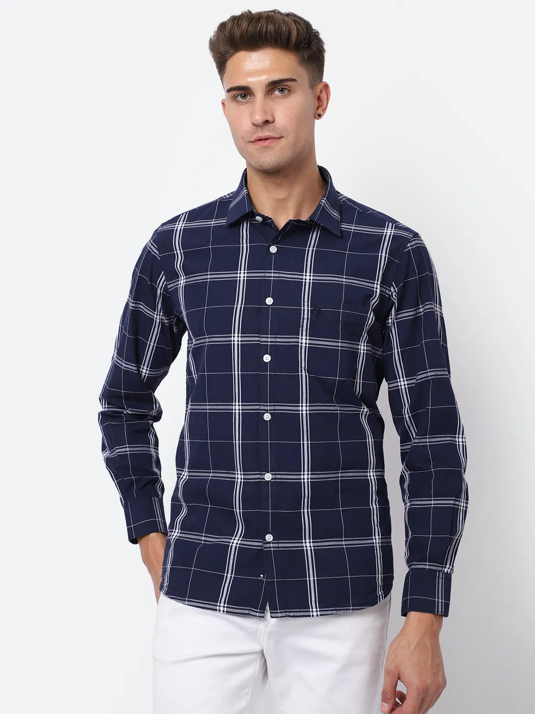 Cantabil Cotton Checkered Navy Blue Full Sleeve Casual Shirt for Men with Pocket