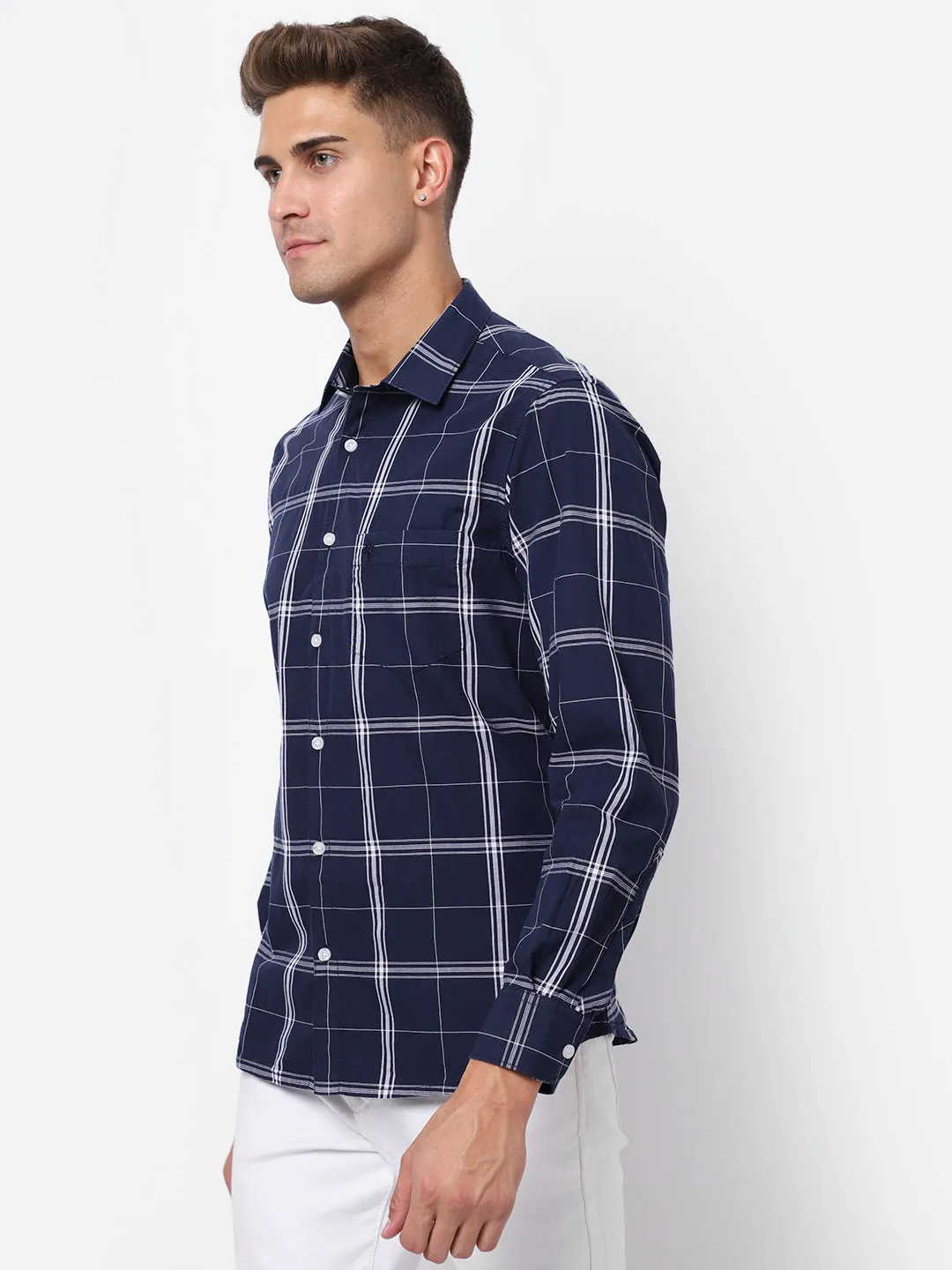 Cantabil Cotton Checkered Navy Blue Full Sleeve Casual Shirt for Men with Pocket