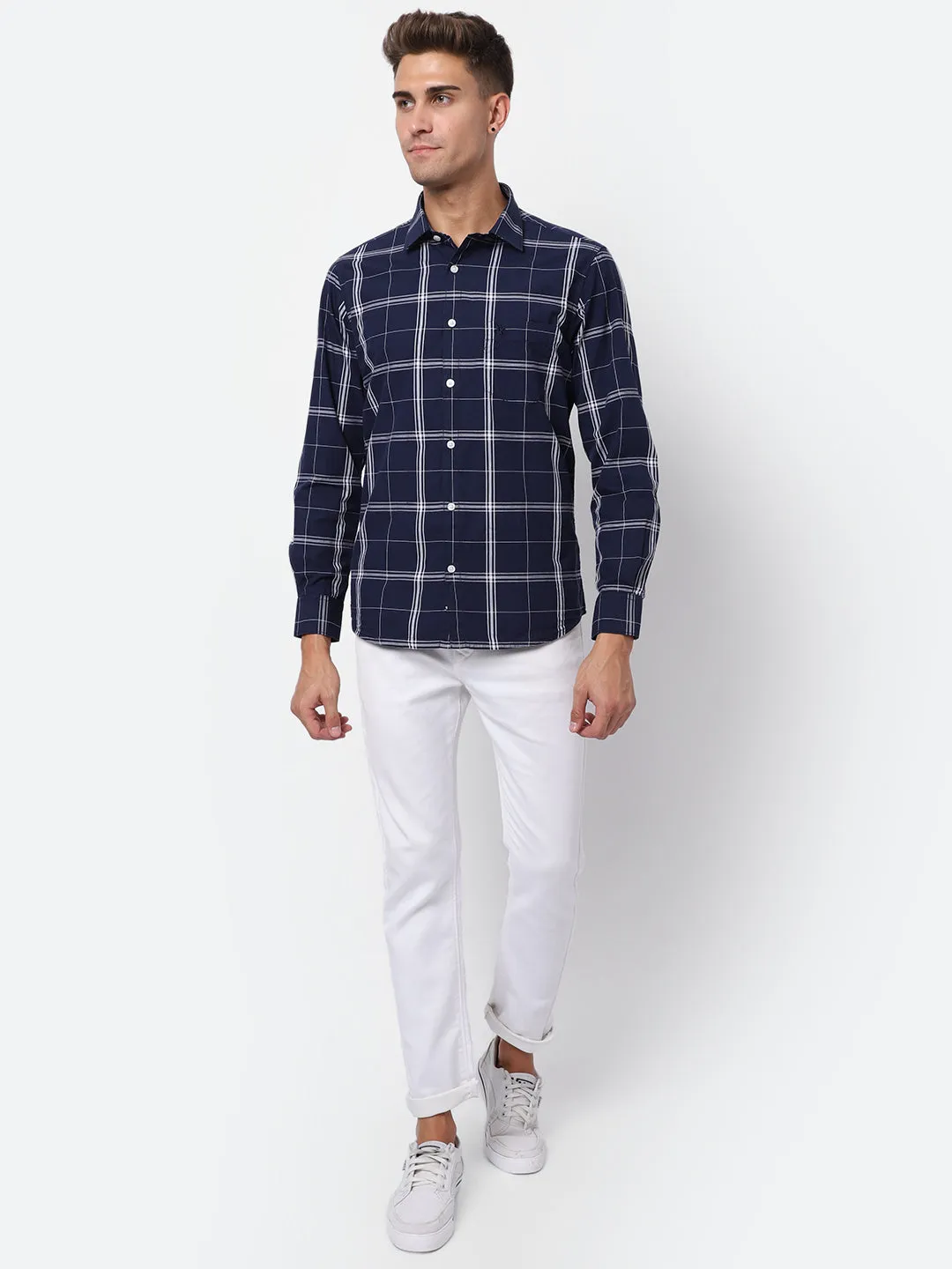 Cantabil Cotton Checkered Navy Blue Full Sleeve Casual Shirt for Men with Pocket