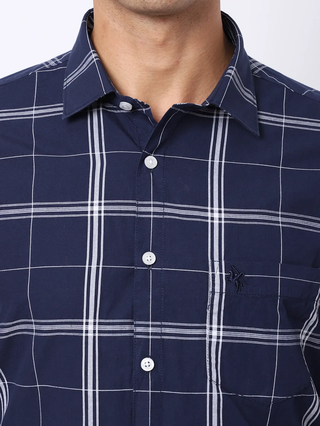 Cantabil Cotton Checkered Navy Blue Full Sleeve Casual Shirt for Men with Pocket