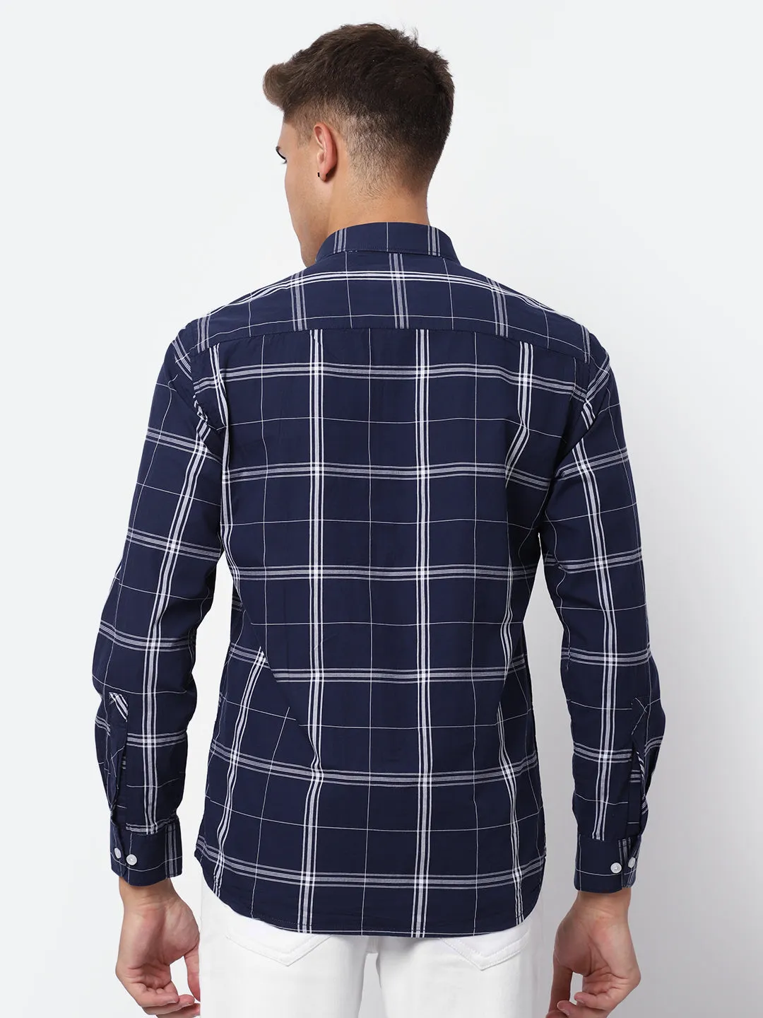 Cantabil Cotton Checkered Navy Blue Full Sleeve Casual Shirt for Men with Pocket