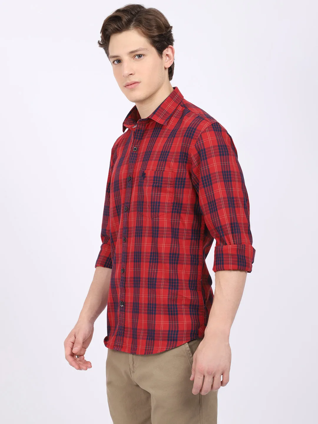 Cantabil Cotton Checkered Red Full Sleeve Casual Shirt for Men with Pocket