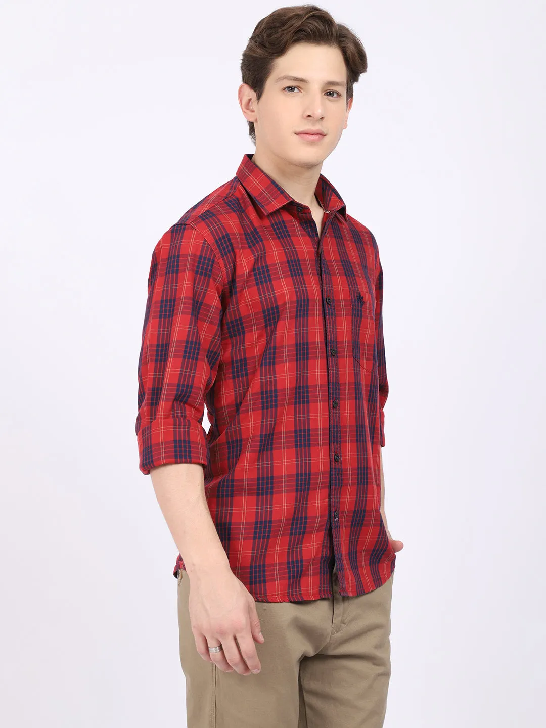 Cantabil Cotton Checkered Red Full Sleeve Casual Shirt for Men with Pocket