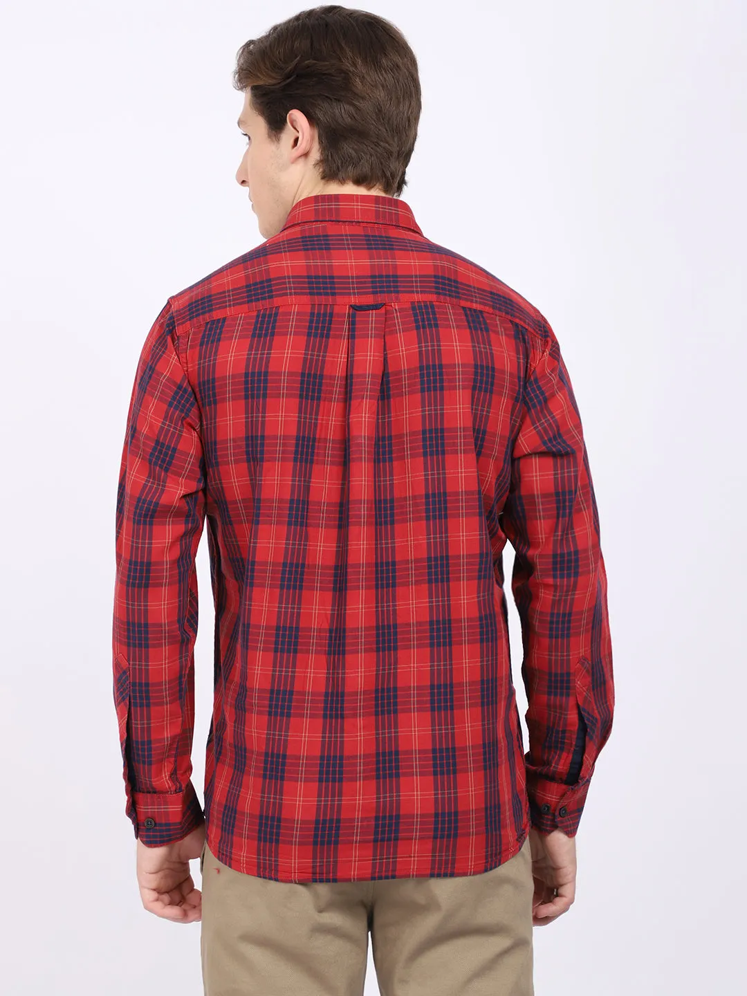 Cantabil Cotton Checkered Red Full Sleeve Casual Shirt for Men with Pocket