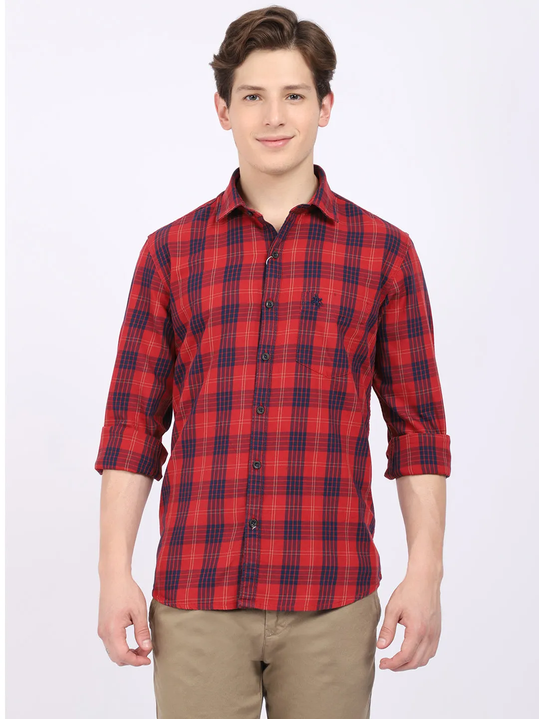 Cantabil Cotton Checkered Red Full Sleeve Casual Shirt for Men with Pocket