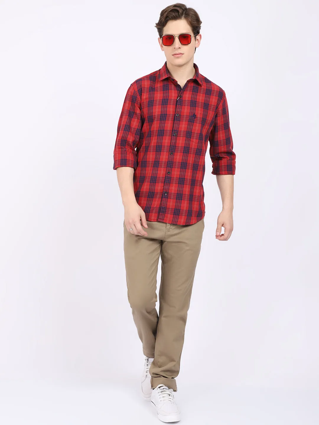 Cantabil Cotton Checkered Red Full Sleeve Casual Shirt for Men with Pocket