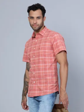 Cantabil Cotton Checkered Red Half Sleeve Casual Shirt for Men with Pocket