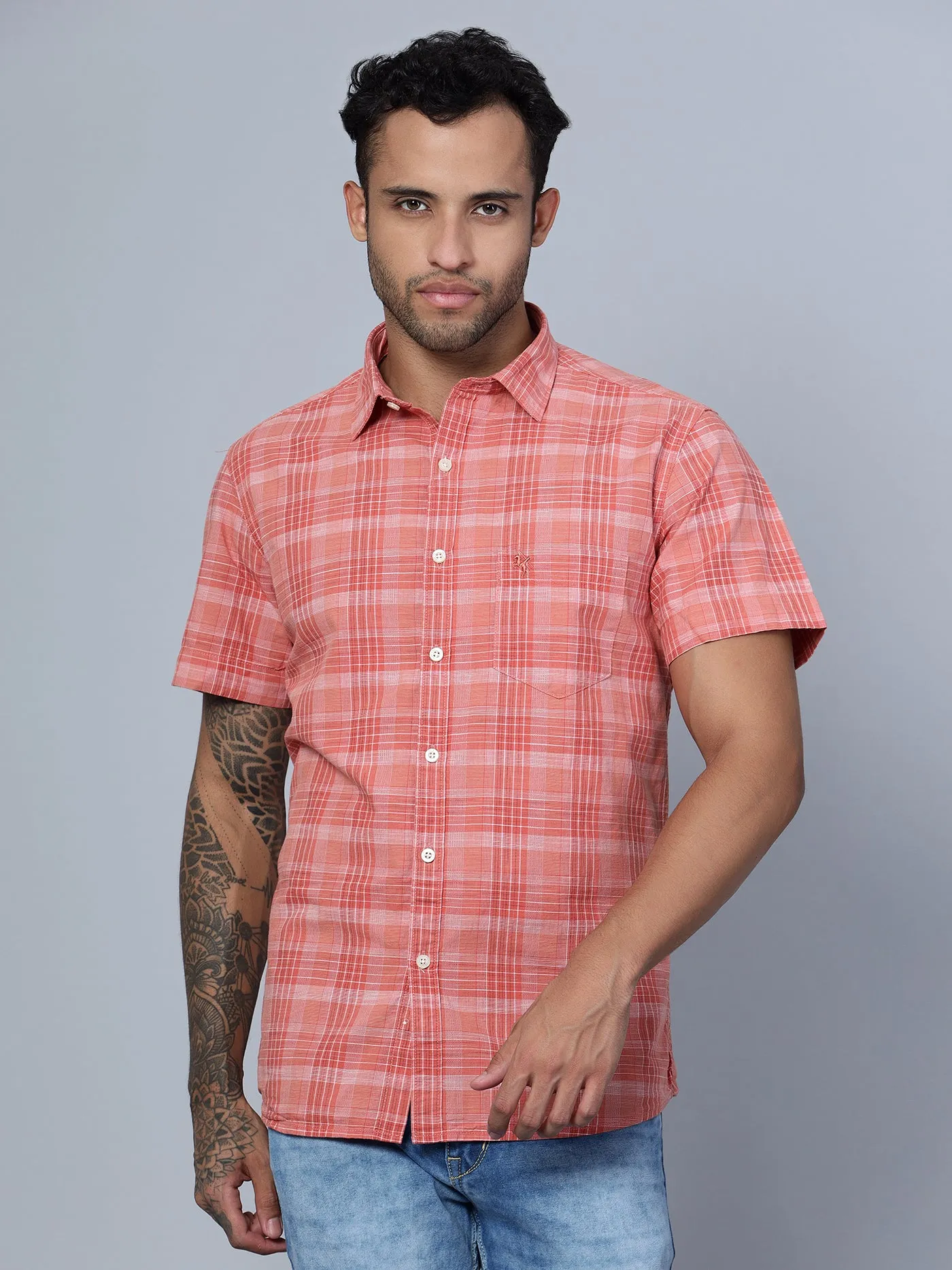 Cantabil Cotton Checkered Red Half Sleeve Casual Shirt for Men with Pocket