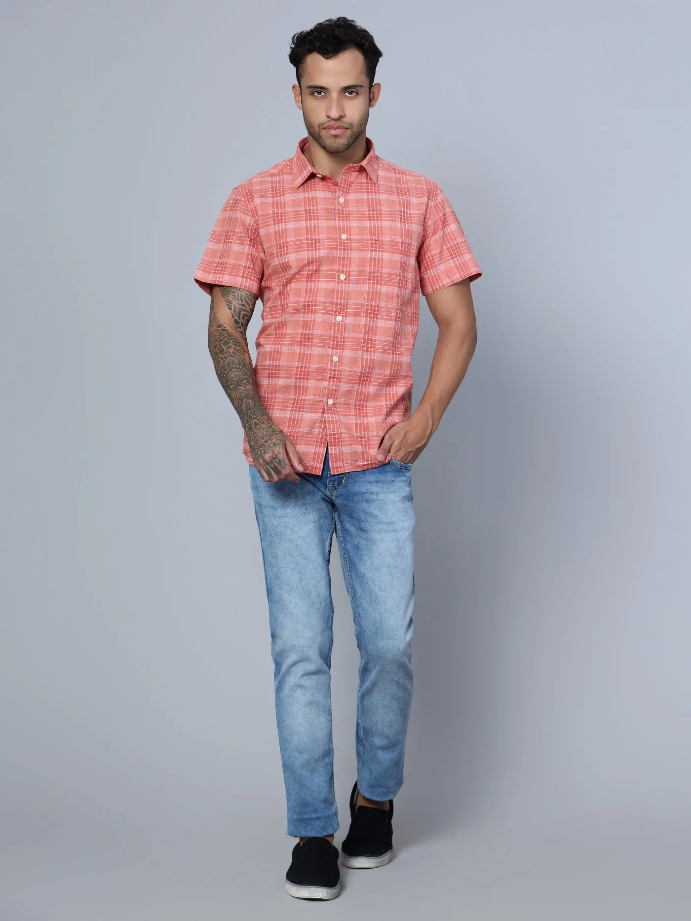 Cantabil Cotton Checkered Red Half Sleeve Casual Shirt for Men with Pocket