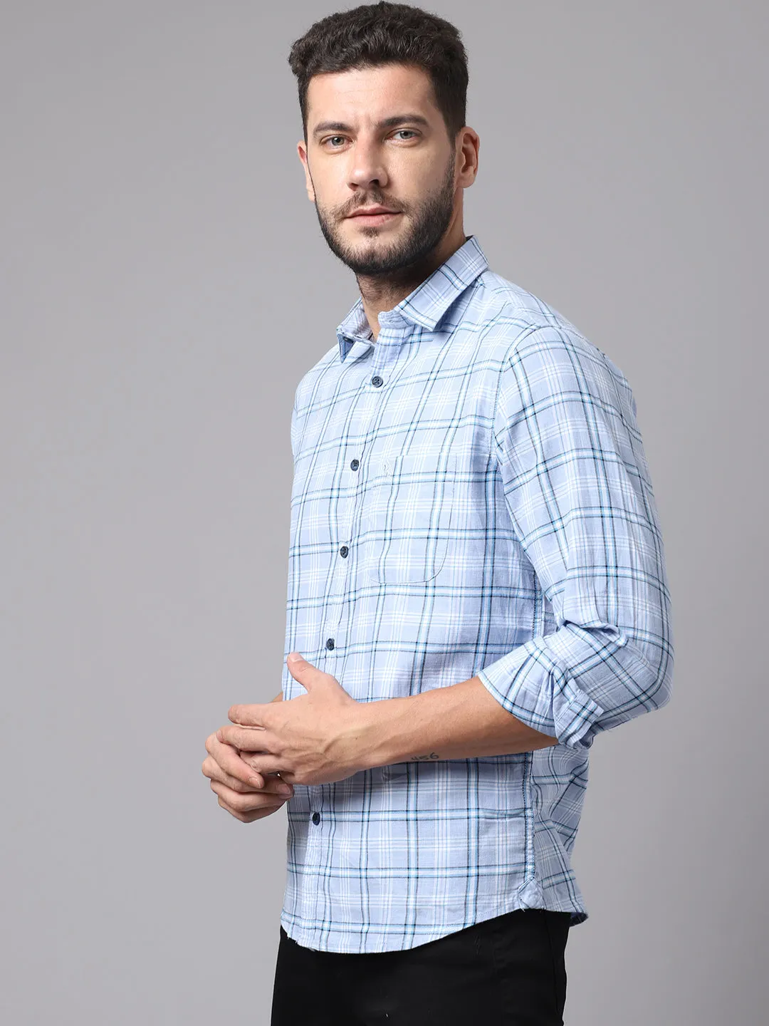 Cantabil Cotton Checkered Sky Blue Full Sleeve Casual Shirt for Men with Pocket