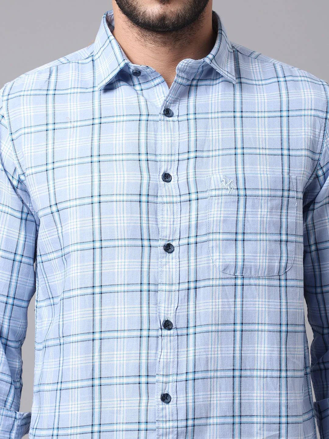 Cantabil Cotton Checkered Sky Blue Full Sleeve Casual Shirt for Men with Pocket