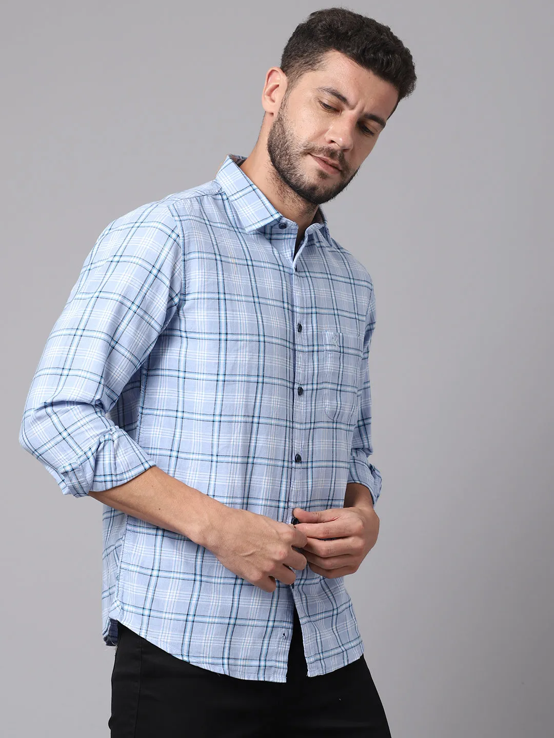 Cantabil Cotton Checkered Sky Blue Full Sleeve Casual Shirt for Men with Pocket