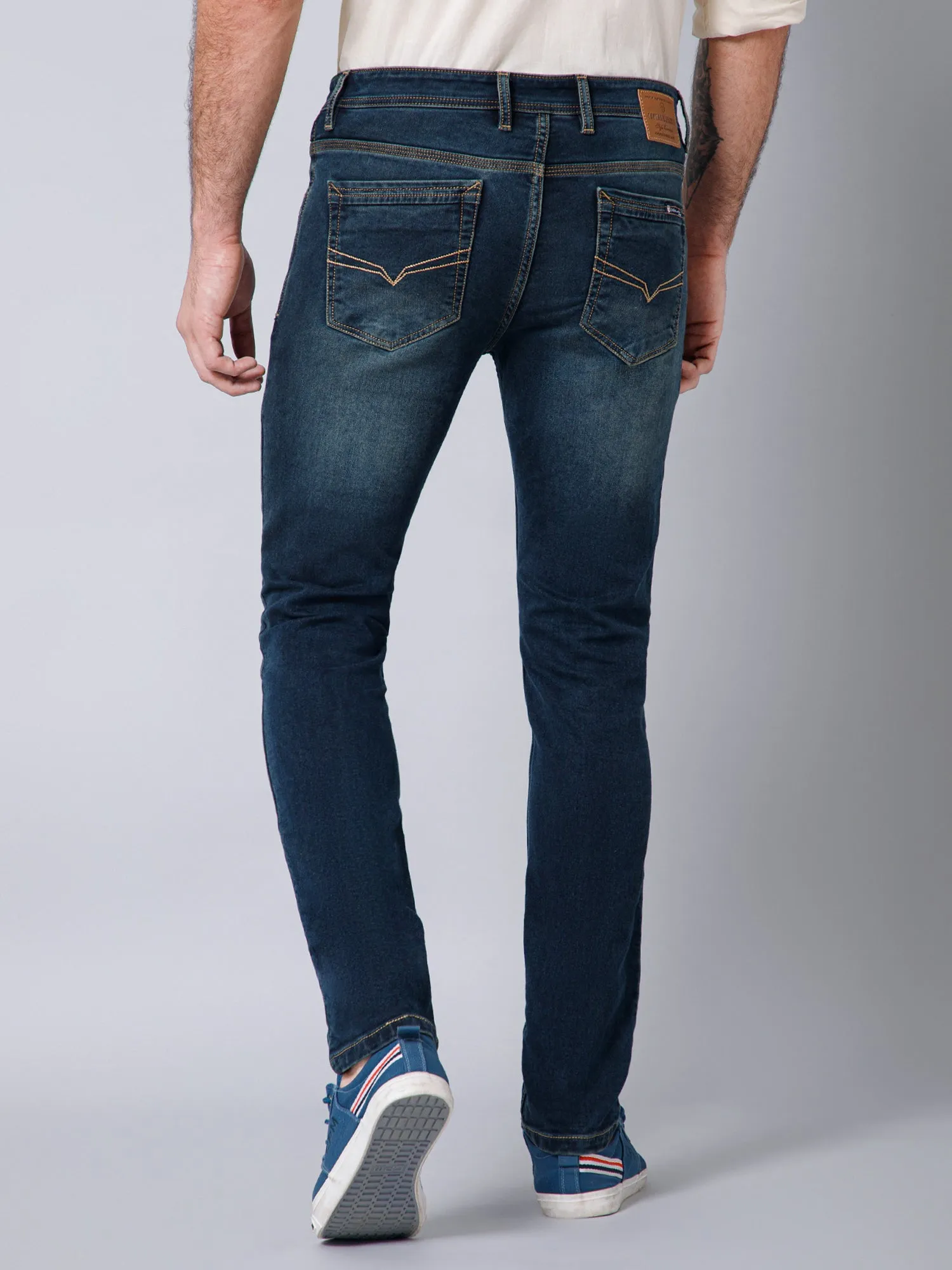 Cantabil Cotton Denim Flat Front Mid Rise Full Length Regular Fit Blue Solid Casual Jeans For Men