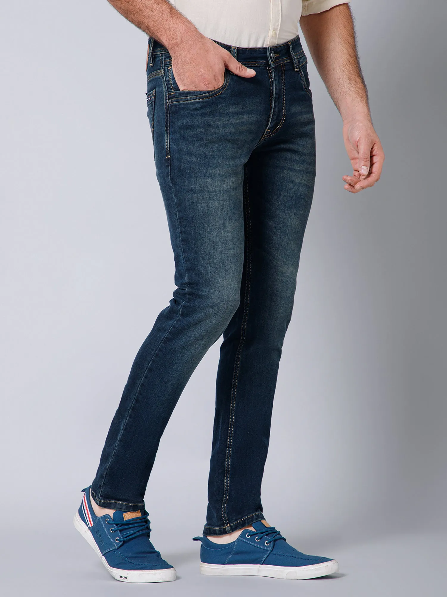 Cantabil Cotton Denim Flat Front Mid Rise Full Length Regular Fit Blue Solid Casual Jeans For Men