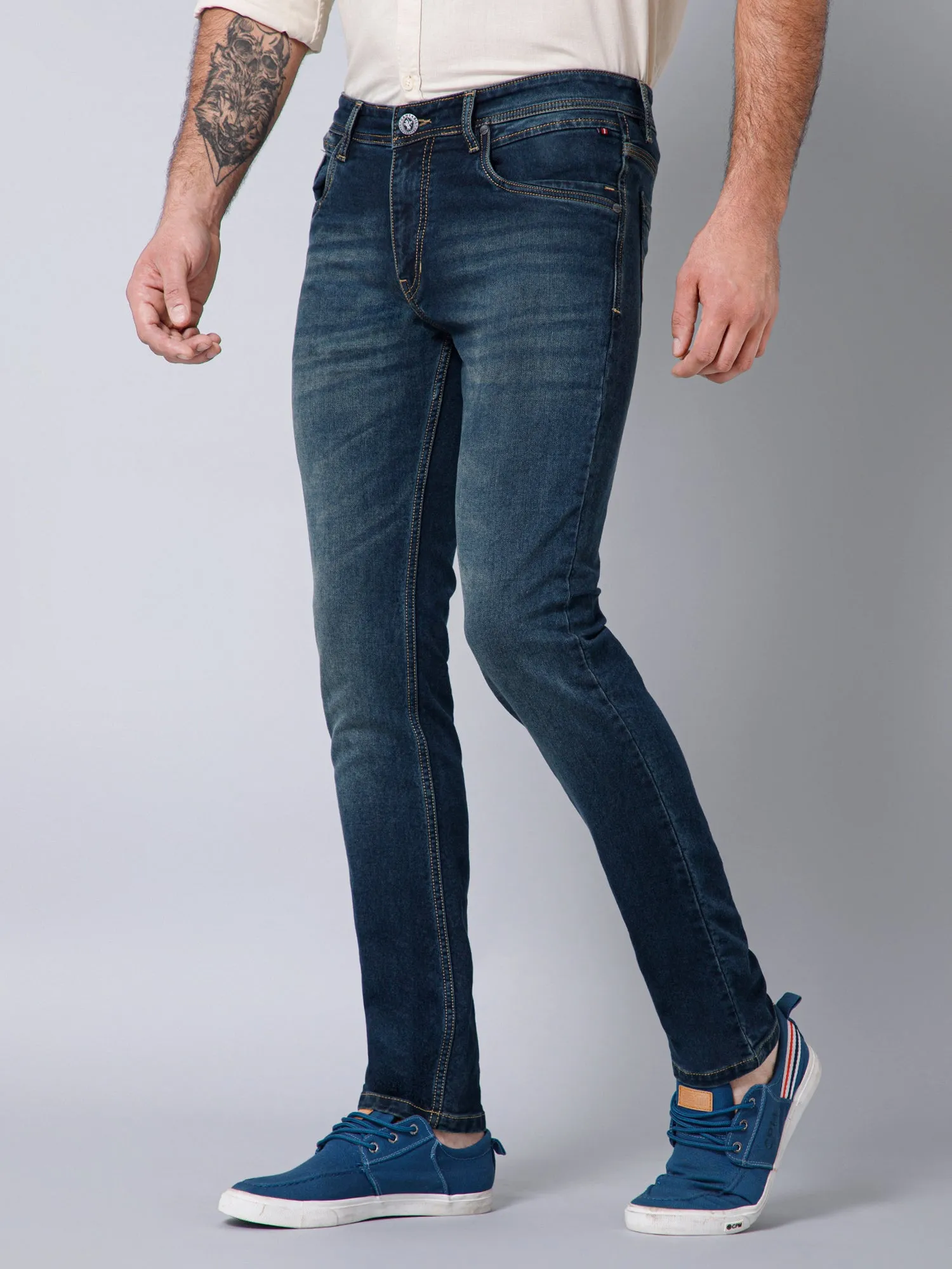 Cantabil Cotton Denim Flat Front Mid Rise Full Length Regular Fit Blue Solid Casual Jeans For Men