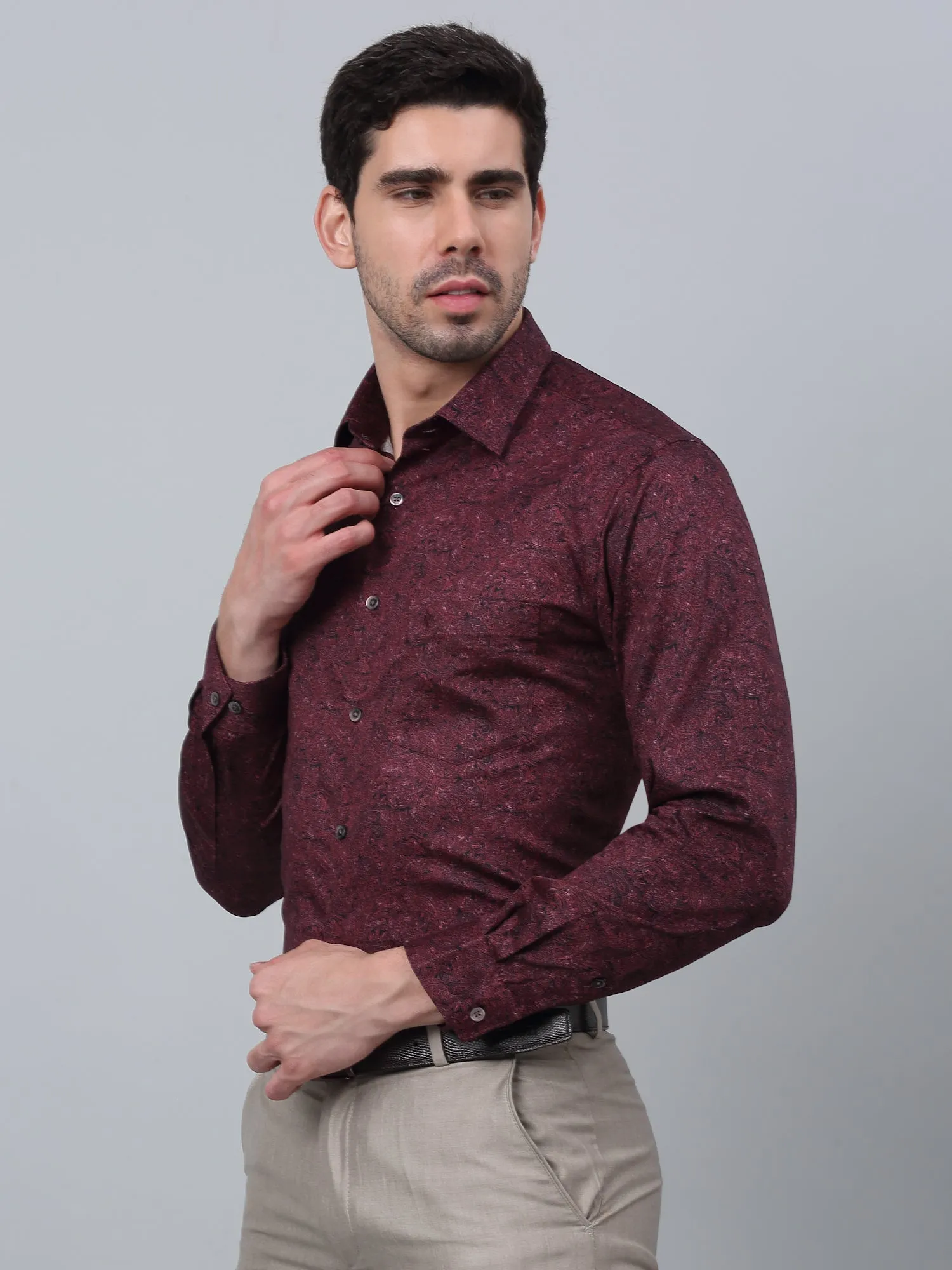 Cantabil Cotton Floral Printed Full Sleeve Regular Fit Maroon Party Wear Shirt for Men with Pocket