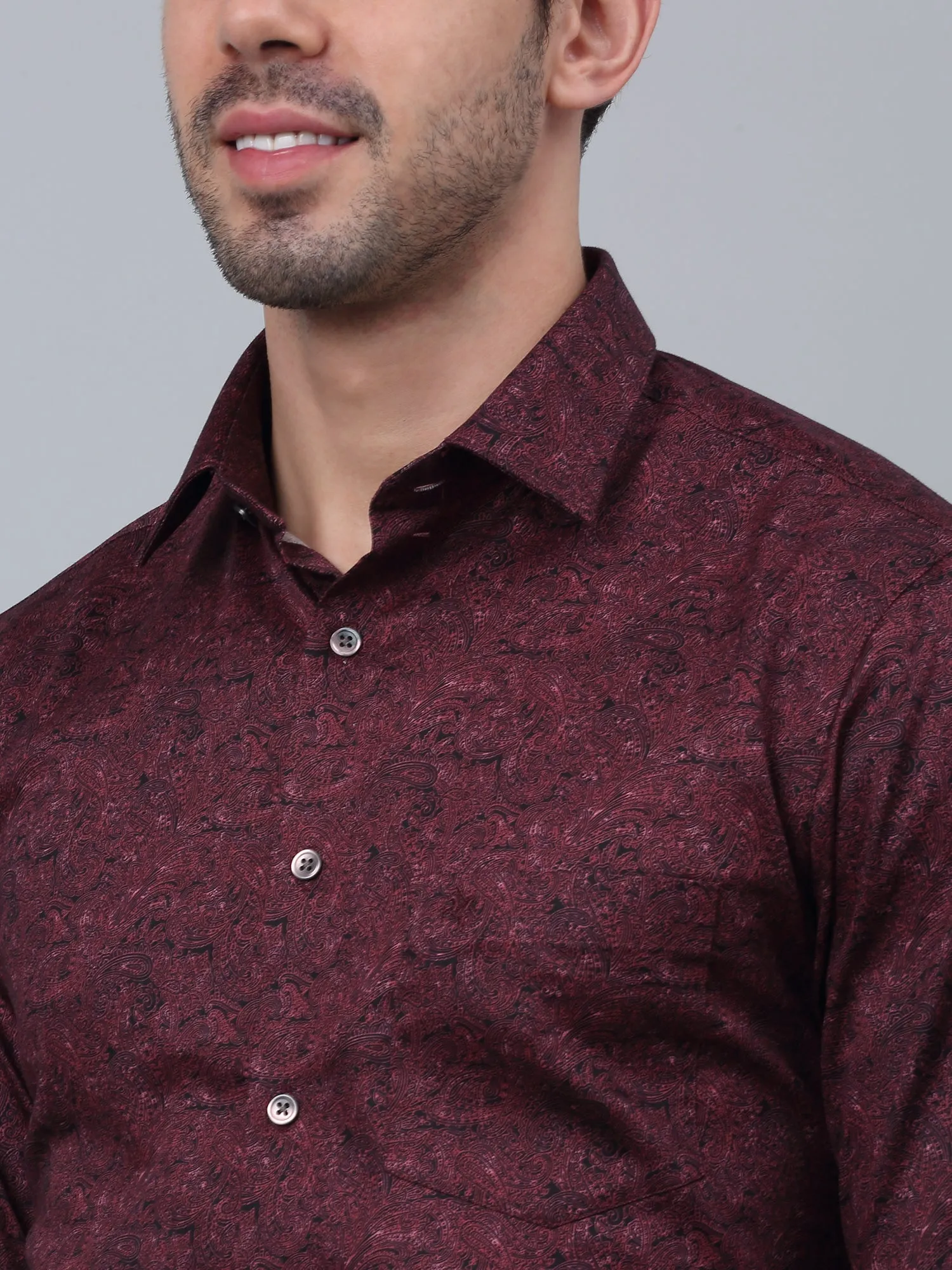 Cantabil Cotton Floral Printed Full Sleeve Regular Fit Maroon Party Wear Shirt for Men with Pocket