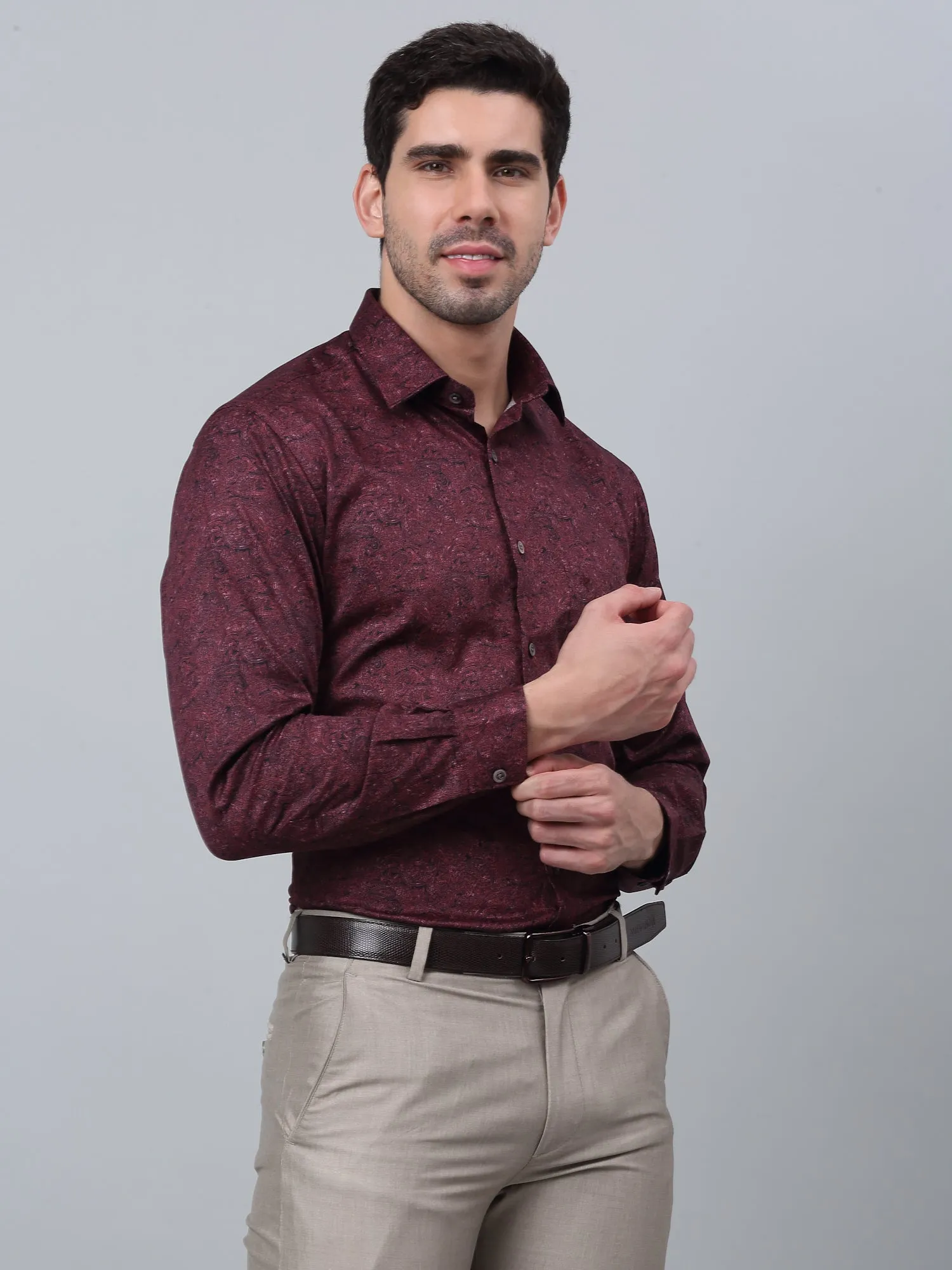 Cantabil Cotton Floral Printed Full Sleeve Regular Fit Maroon Party Wear Shirt for Men with Pocket