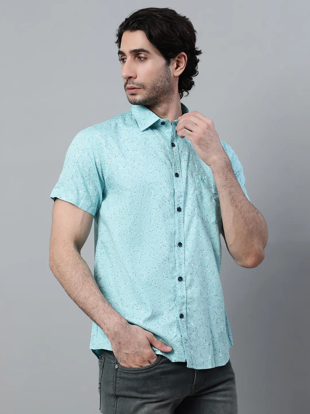 Cantabil Cotton Printed Blue Half Sleeve Casual Shirt for Men with Pocket