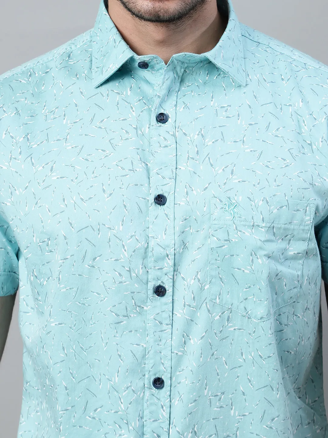 Cantabil Cotton Printed Blue Half Sleeve Casual Shirt for Men with Pocket