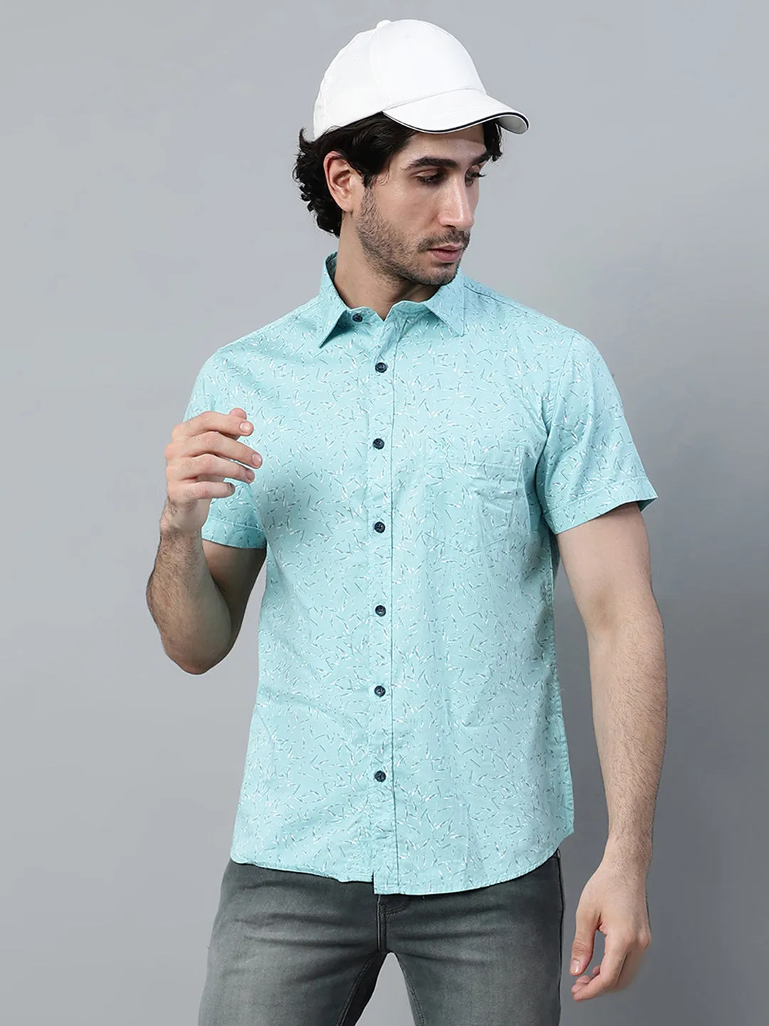 Cantabil Cotton Printed Blue Half Sleeve Casual Shirt for Men with Pocket