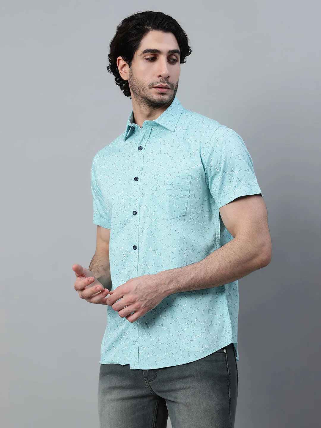 Cantabil Cotton Printed Blue Half Sleeve Casual Shirt for Men with Pocket