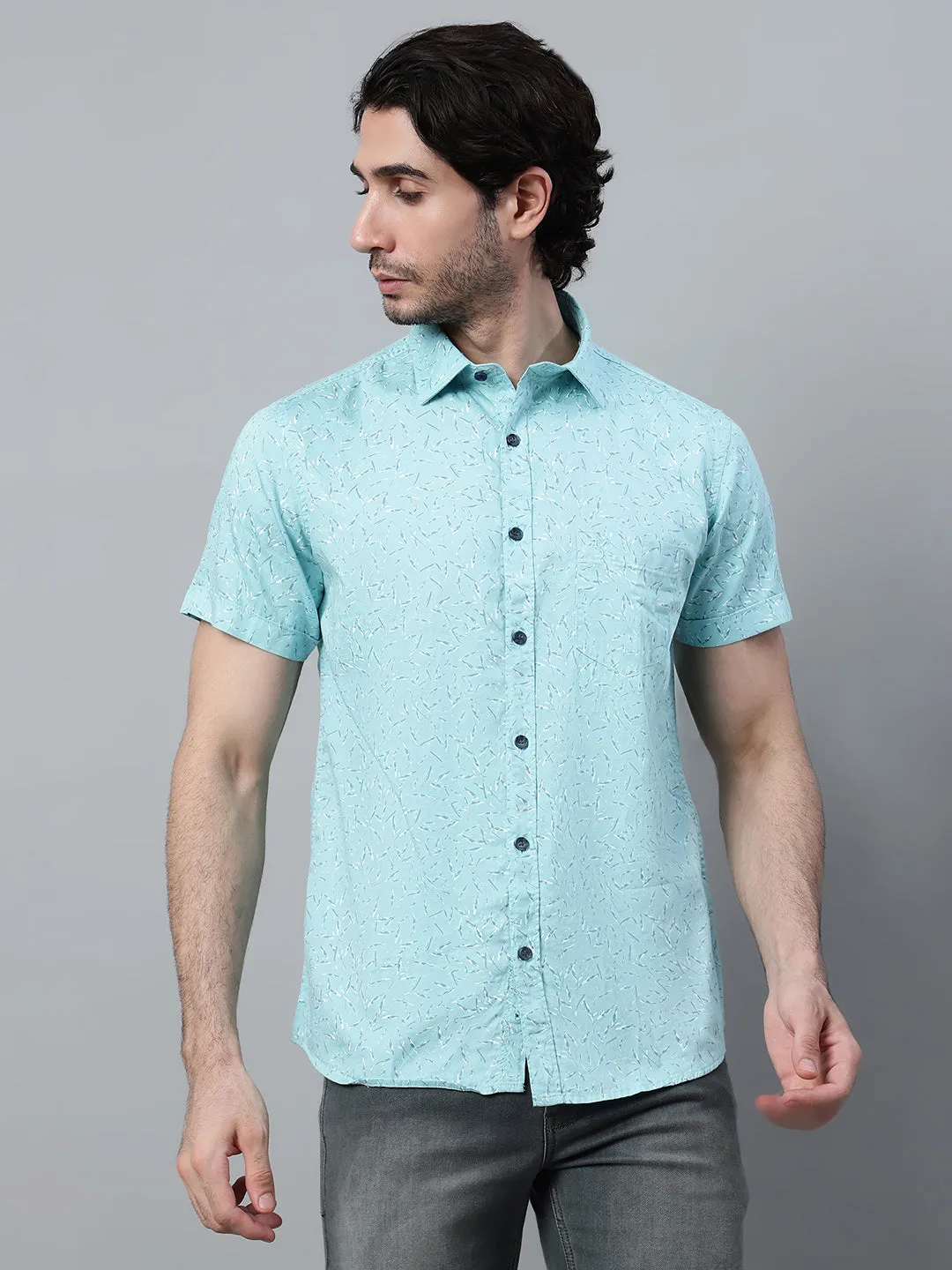 Cantabil Cotton Printed Blue Half Sleeve Casual Shirt for Men with Pocket