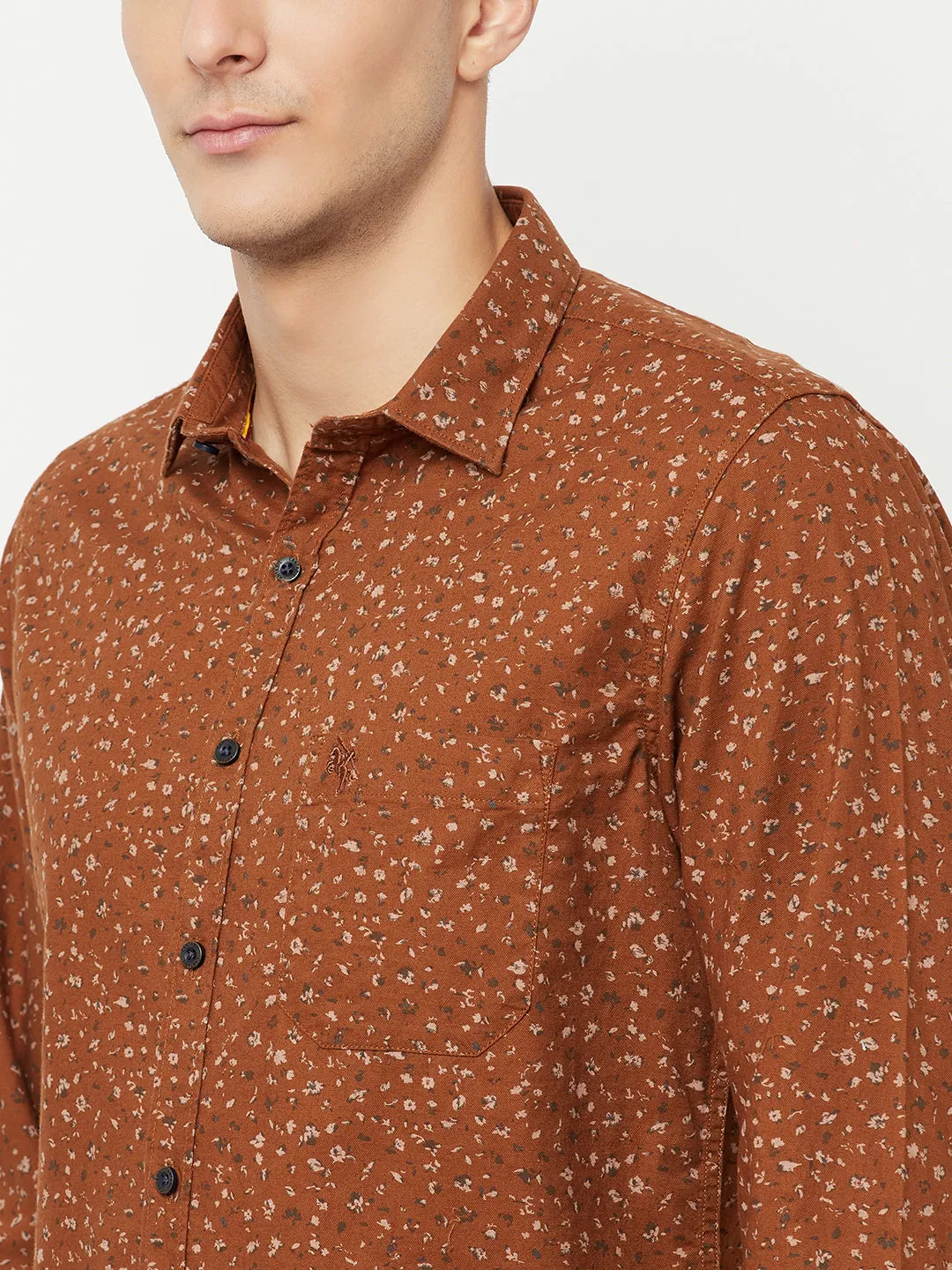 Cantabil Cotton Printed Brown Full Sleeve Casual Shirt for Men with Pocket