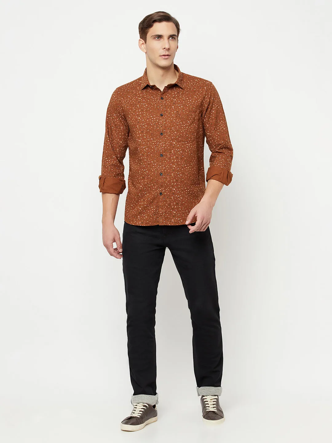 Cantabil Cotton Printed Brown Full Sleeve Casual Shirt for Men with Pocket