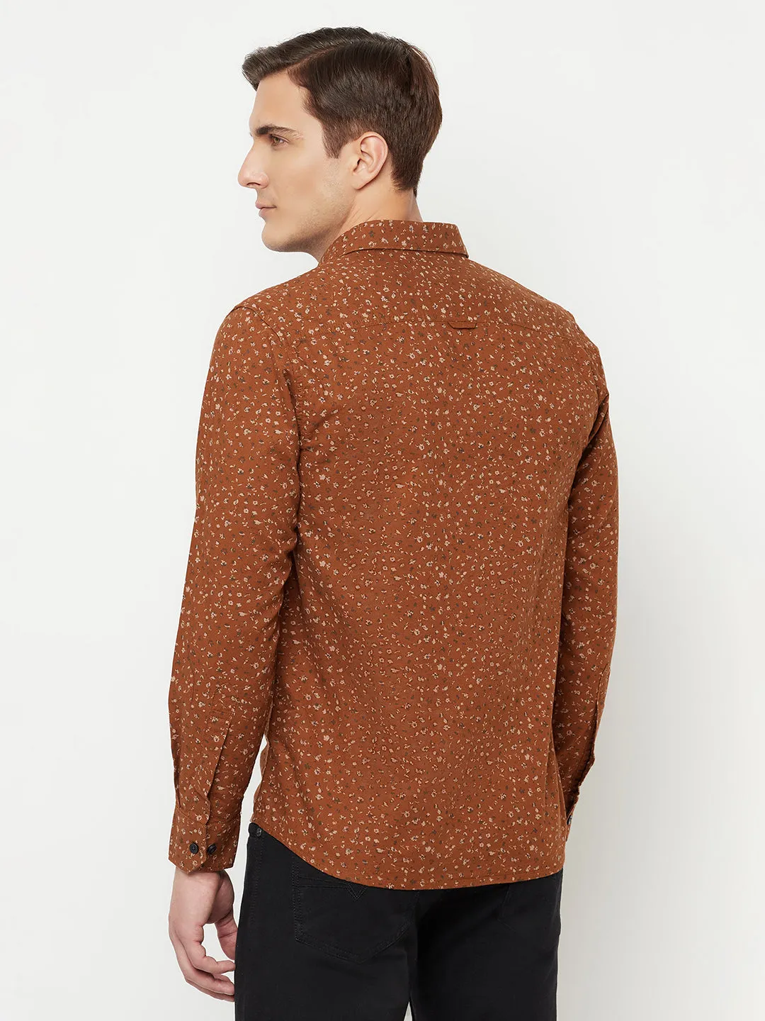 Cantabil Cotton Printed Brown Full Sleeve Casual Shirt for Men with Pocket